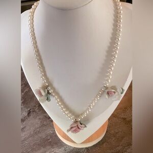 Faux Pearl Necklace with Floral Accents